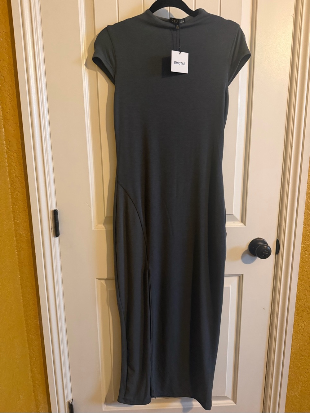 Cap-Sleeve Midi Dress in Dark Gray with Side Slit - Picture 6 of 6